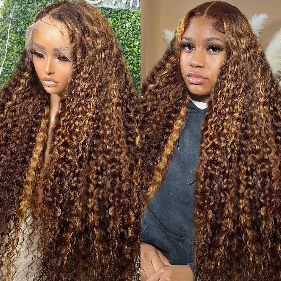 30 40Inch Loose Deep Wave Ombre Brown 250% 13×4 HD Lace Front Human Hair Wigs 4/27 Highlight Colored Curly 13×6 Lace Frontal Wig