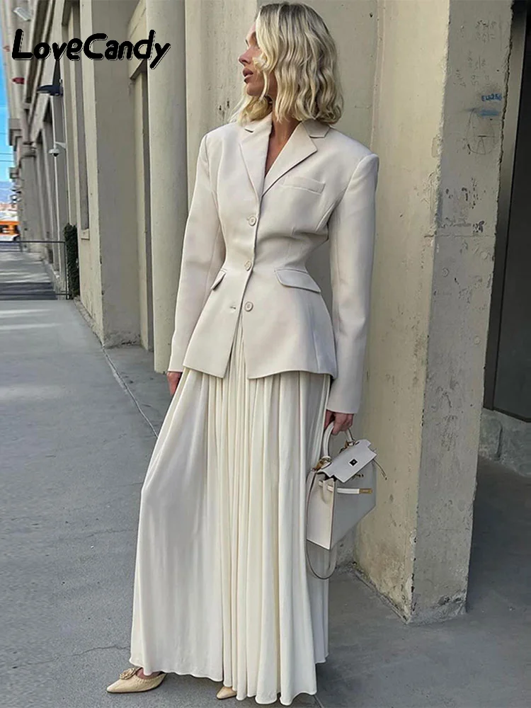 White Elegant Wrap Waist Blazer Coats Women Fashion Turndown Collar Single Breasted Jackets Female Chic Long Sleeved Street Coat